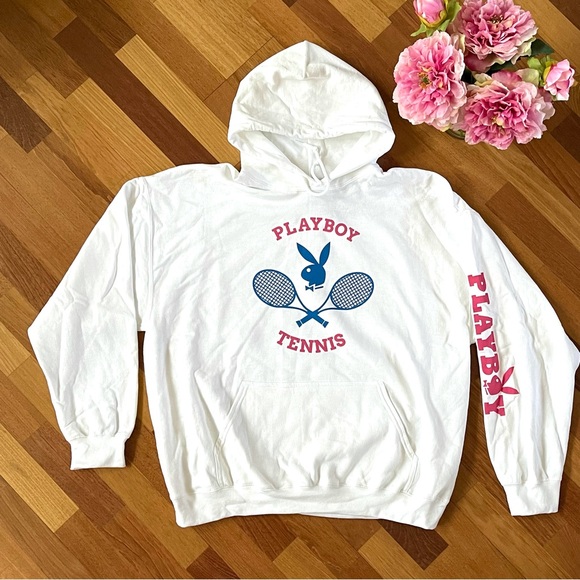 PLAYBOY Tennis Hoodie Unisex SIZE X-LARGE White Navy Logo Hooded Sweatshirt NWT - Picture 5 of 11